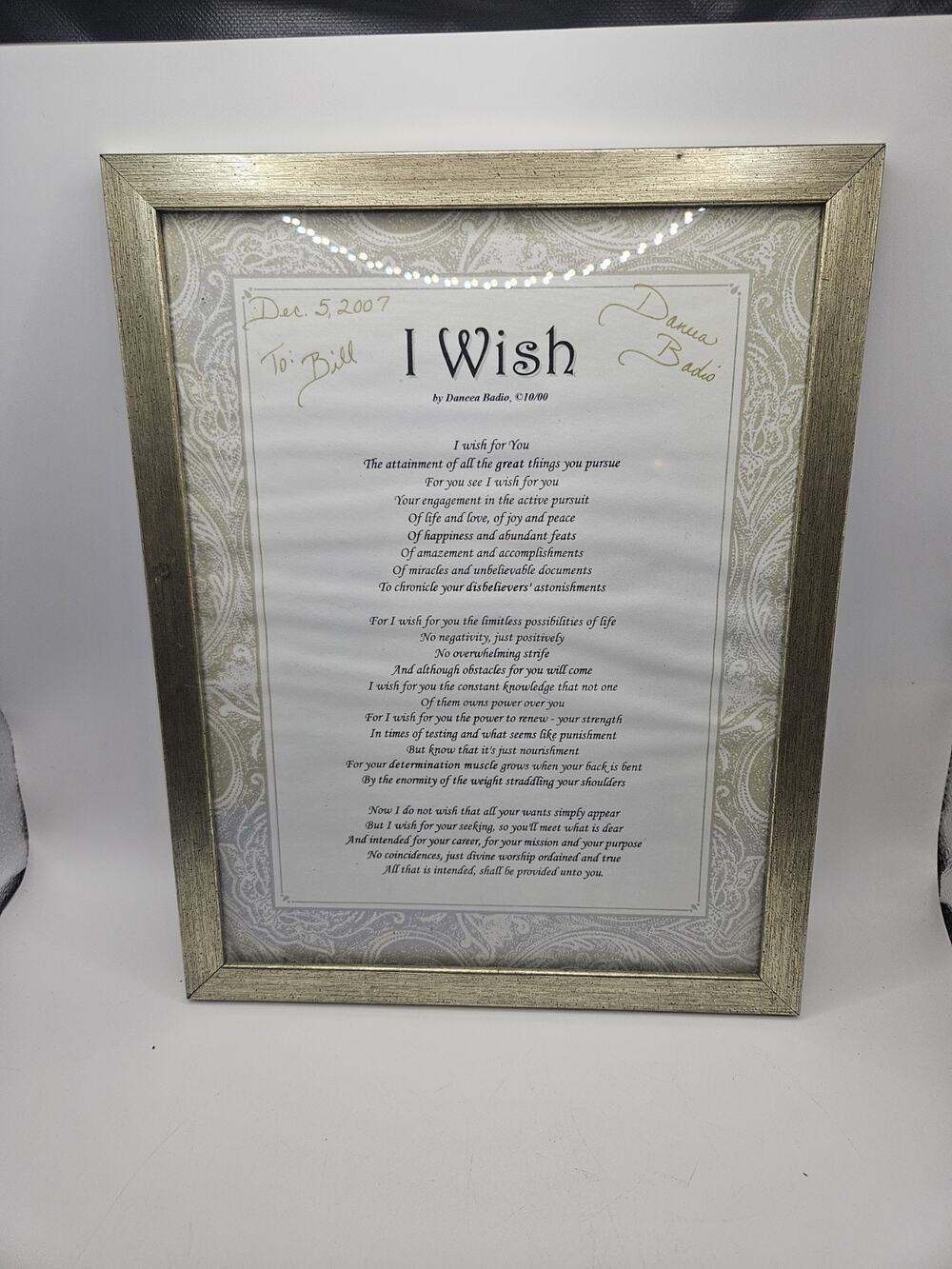 Framed Signed Poem 'I Wish' by Daneea Badio 2007 Personalized To Bill 9x12